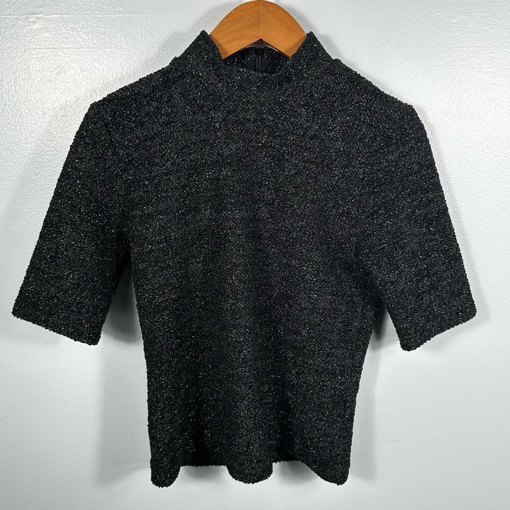 Zara Metallic Knit Black Short Sleeve Sweater Size Medium Party Date Night Chic
